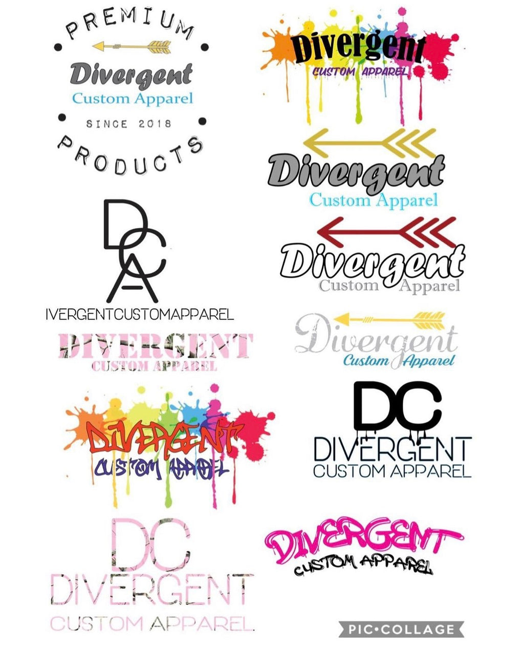 Collection of 'Divergent Custom Apparel' logos in various styles and colors on a white background.✨ Designed  by Divergent Custom Apparel. 
