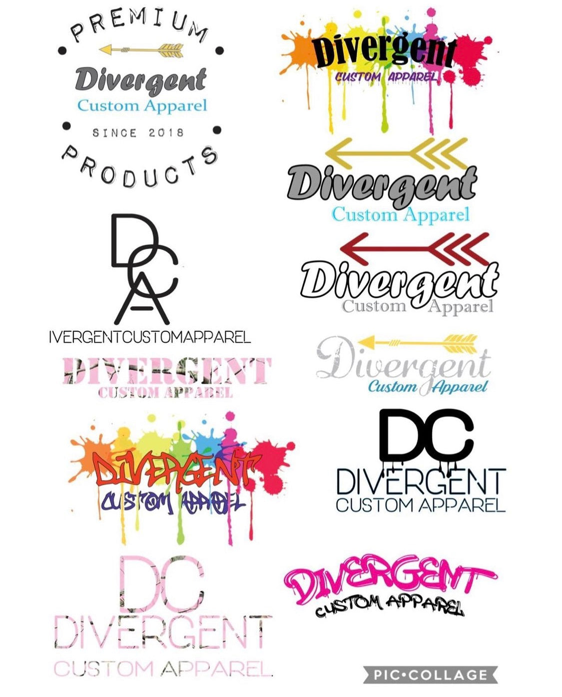 Collection of 'Divergent Custom Apparel' logos in various styles and colors on a white background.✨ Designed  by Divergent Custom Apparel. 